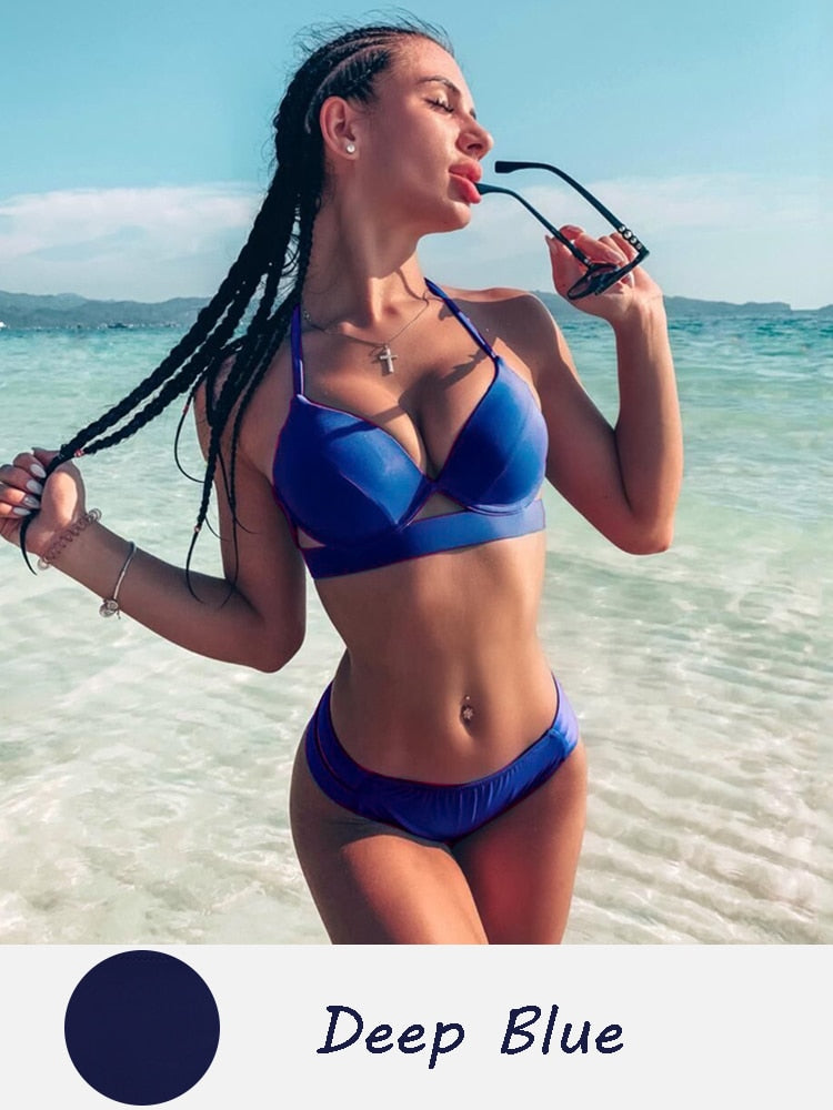 Bandage Solid Pushup Swimwear - Shop now at BikiniCaye.com