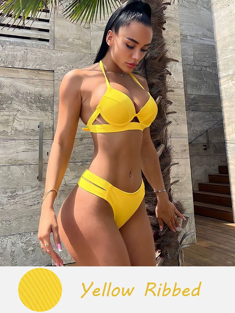 Bandage Solid Pushup Swimwear - Shop now at BikiniCaye.com