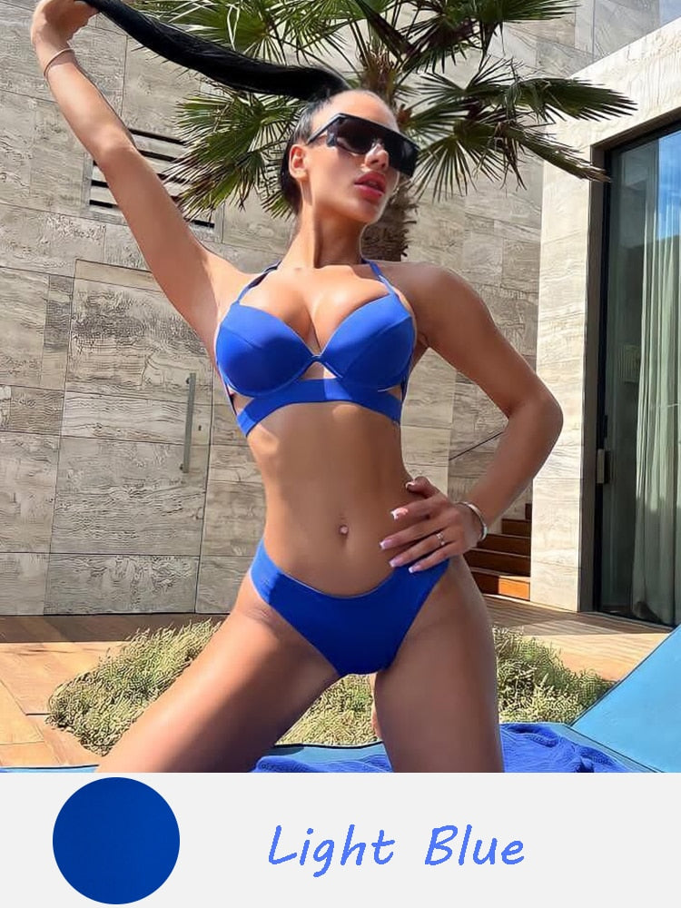 Bandage Solid Pushup Swimwear - Shop now at BikiniCaye.com