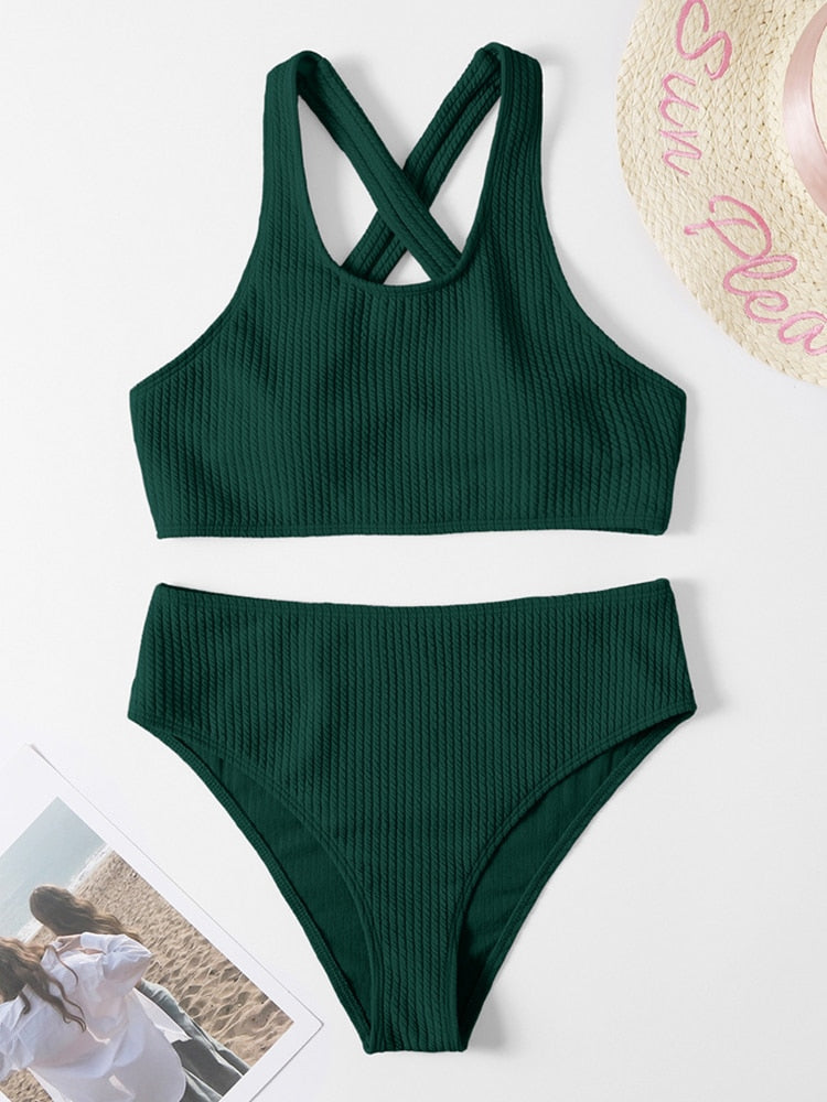 Ribbed High Waist Bandeau Bikini Set - Shop now at BikiniCaye.com