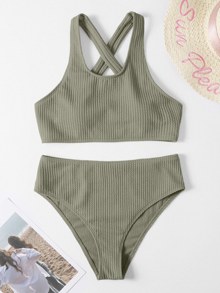 Ribbed High Waist Bandeau Bikini Set - Shop now at BikiniCaye.com