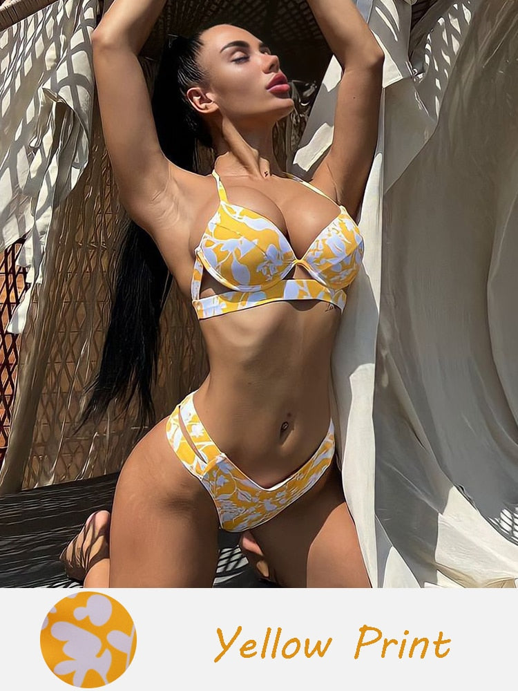 Bandage Solid Pushup Swimwear - Shop now at BikiniCaye.com