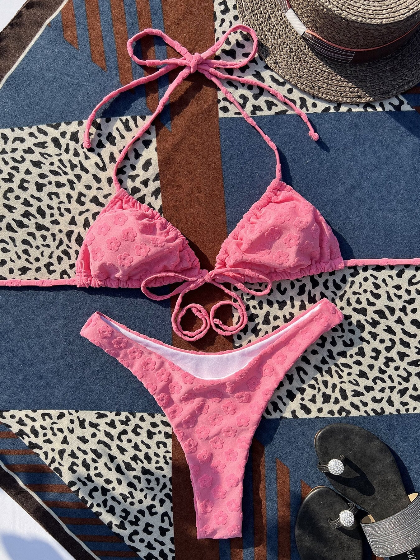 Solid Flowers Lace Up Bikini Set - Shop now at BikiniCaye.com