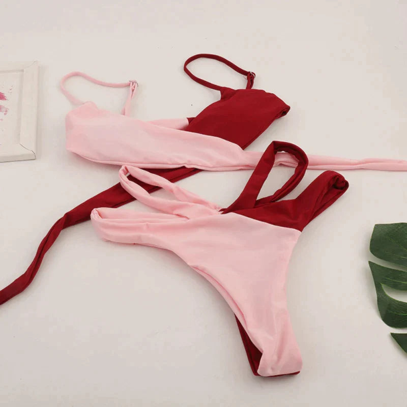 High Waist Cross Wrap Patchwork Bikini - Shop now at BikiniCaye.com