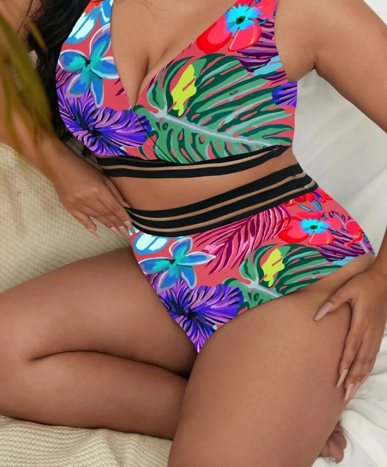 Floral V Neck High Waist Bathing Suit - Shop now at BikiniCaye.com