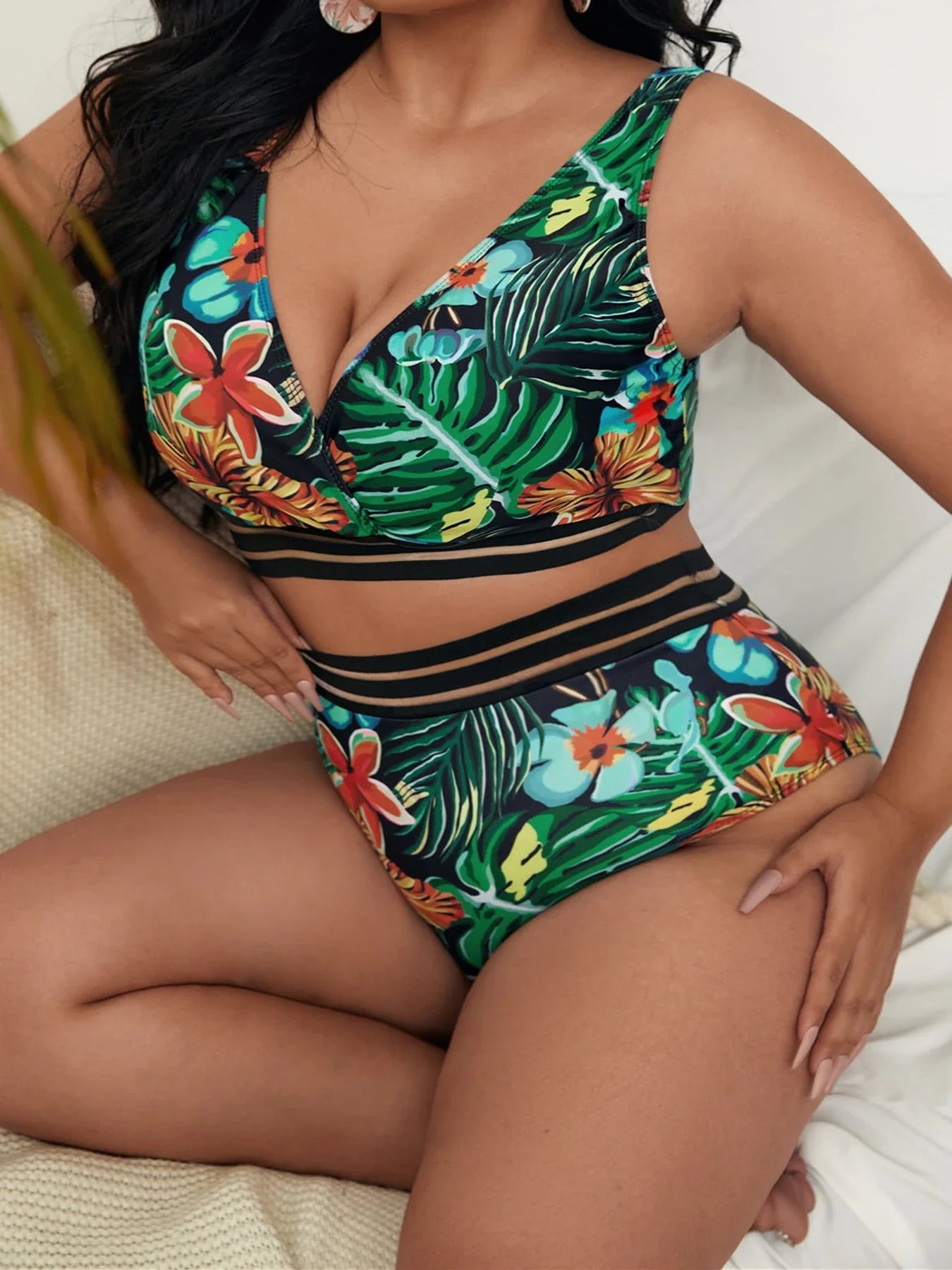 Floral V Neck High Waist Bathing Suit - Shop now at BikiniCaye.com