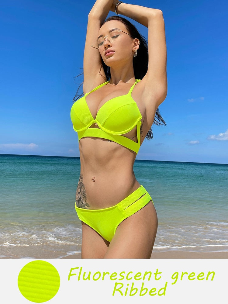 Bandage Solid Pushup Swimwear - Shop now at BikiniCaye.com