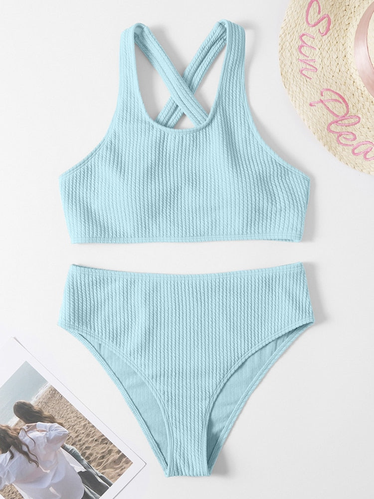 Ribbed High Waist Bandeau Bikini Set - Shop now at BikiniCaye.com