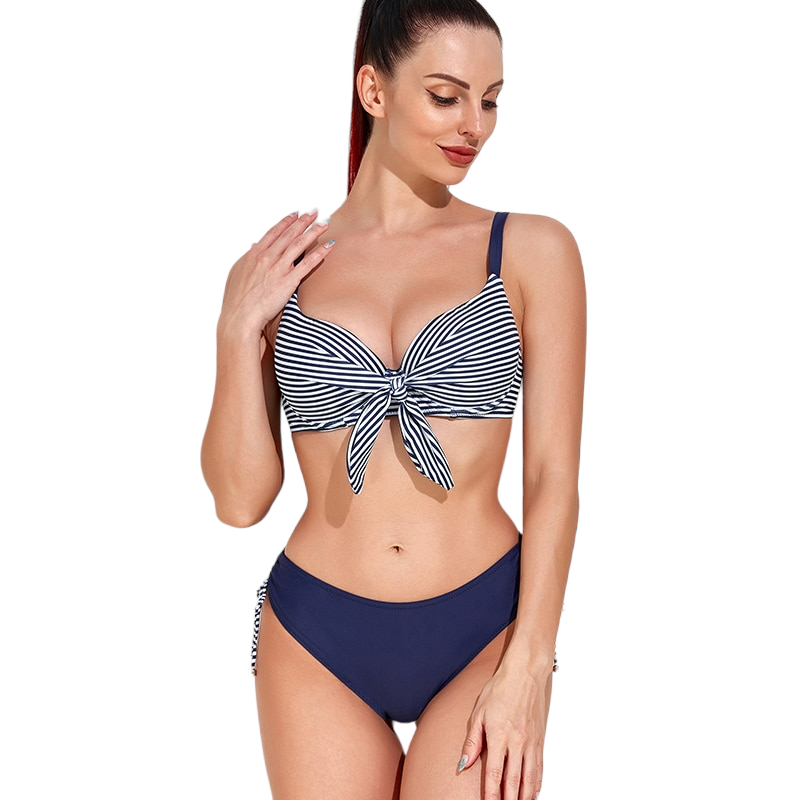 Push Up Mid Waist Stripe Bikini Set - Shop now at BikiniCaye.com