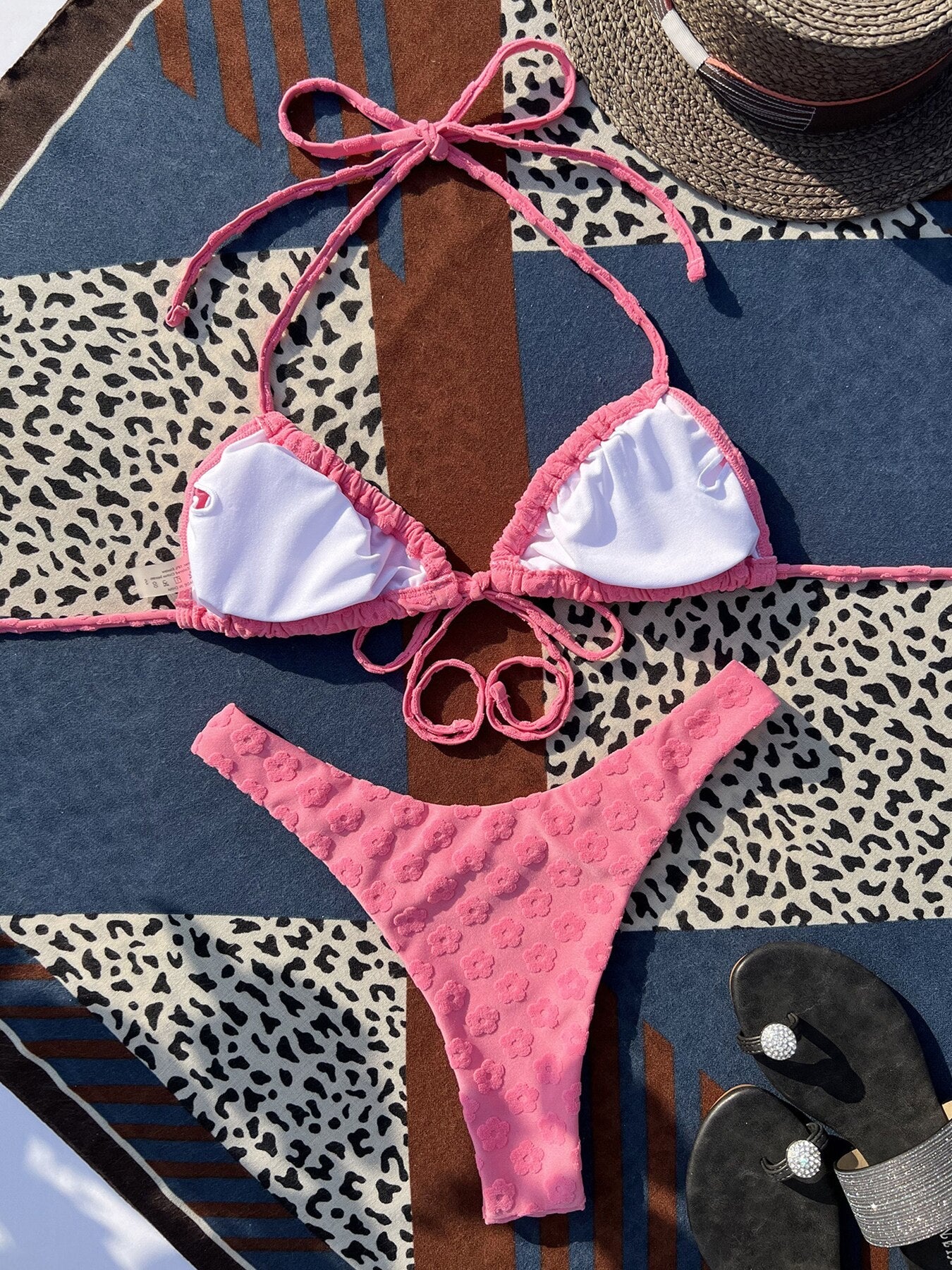 Solid Flowers Lace Up Bikini Set - Shop now at BikiniCaye.com