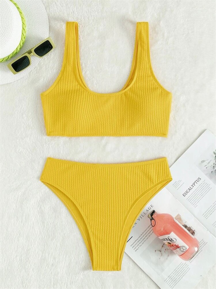 Ribbed High Waist Bandeau Bikini Set - Shop now at BikiniCaye.com