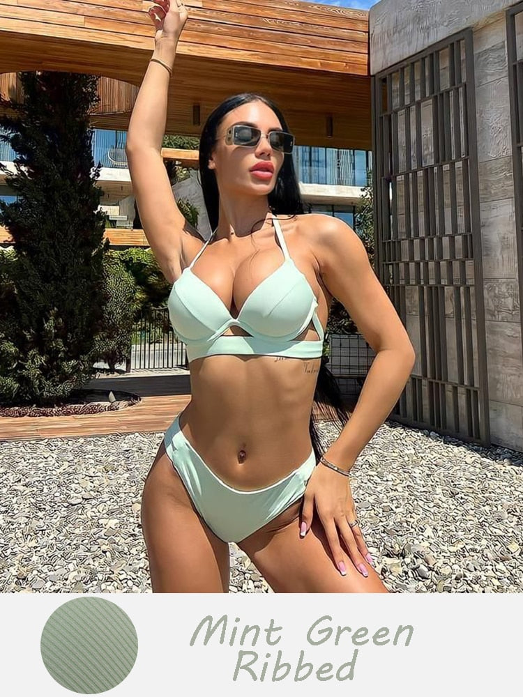 Bandage Solid Pushup Swimwear - Shop now at BikiniCaye.com