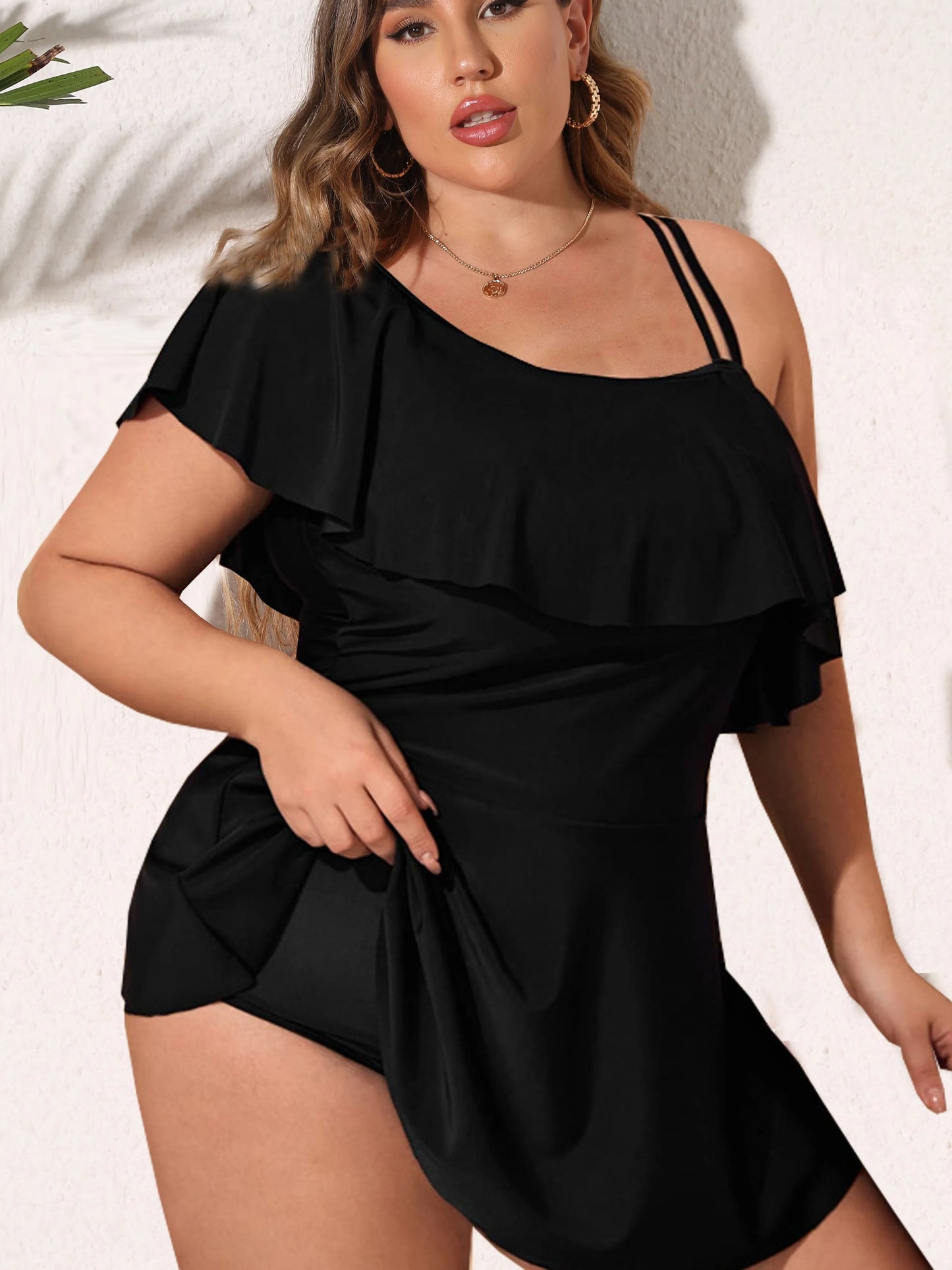One Shoulder Ruffle Tankini - Shop now at BikiniCaye.com