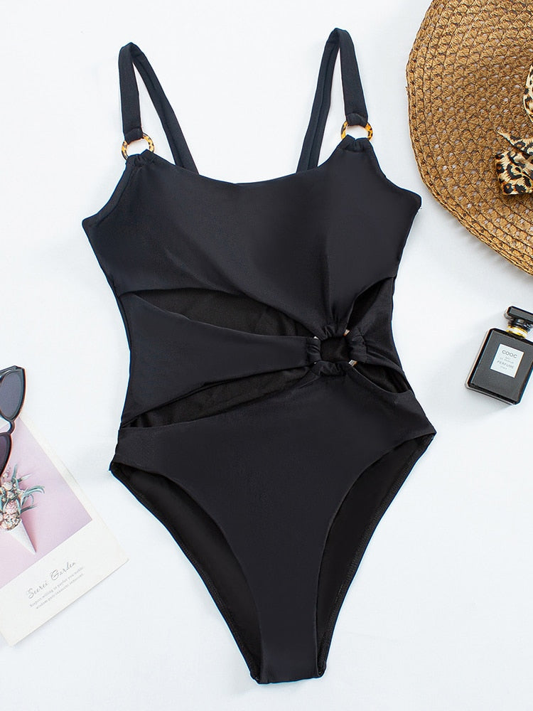 Solid One Piece Swimsuit Cutout - Shop now at BikiniCaye.com