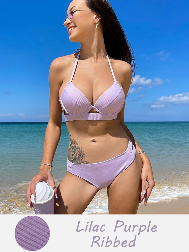 Bandage Solid Pushup Swimwear - Shop now at BikiniCaye.com