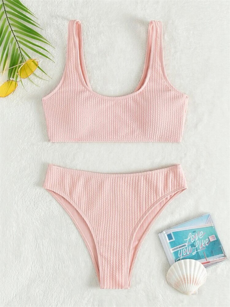 Ribbed High Waist Bandeau Bikini Set - Shop now at BikiniCaye.com
