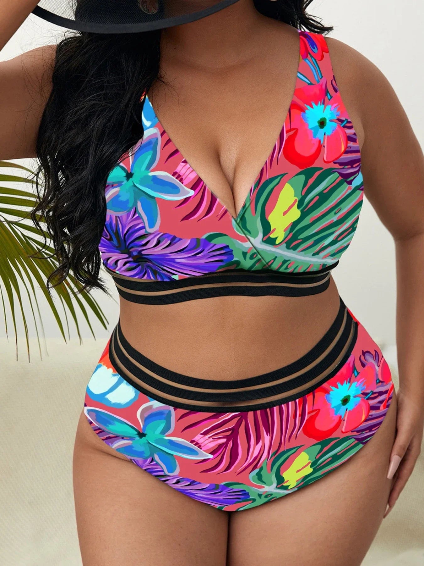 Floral V Neck High Waist Bathing Suit - Shop now at BikiniCaye.com