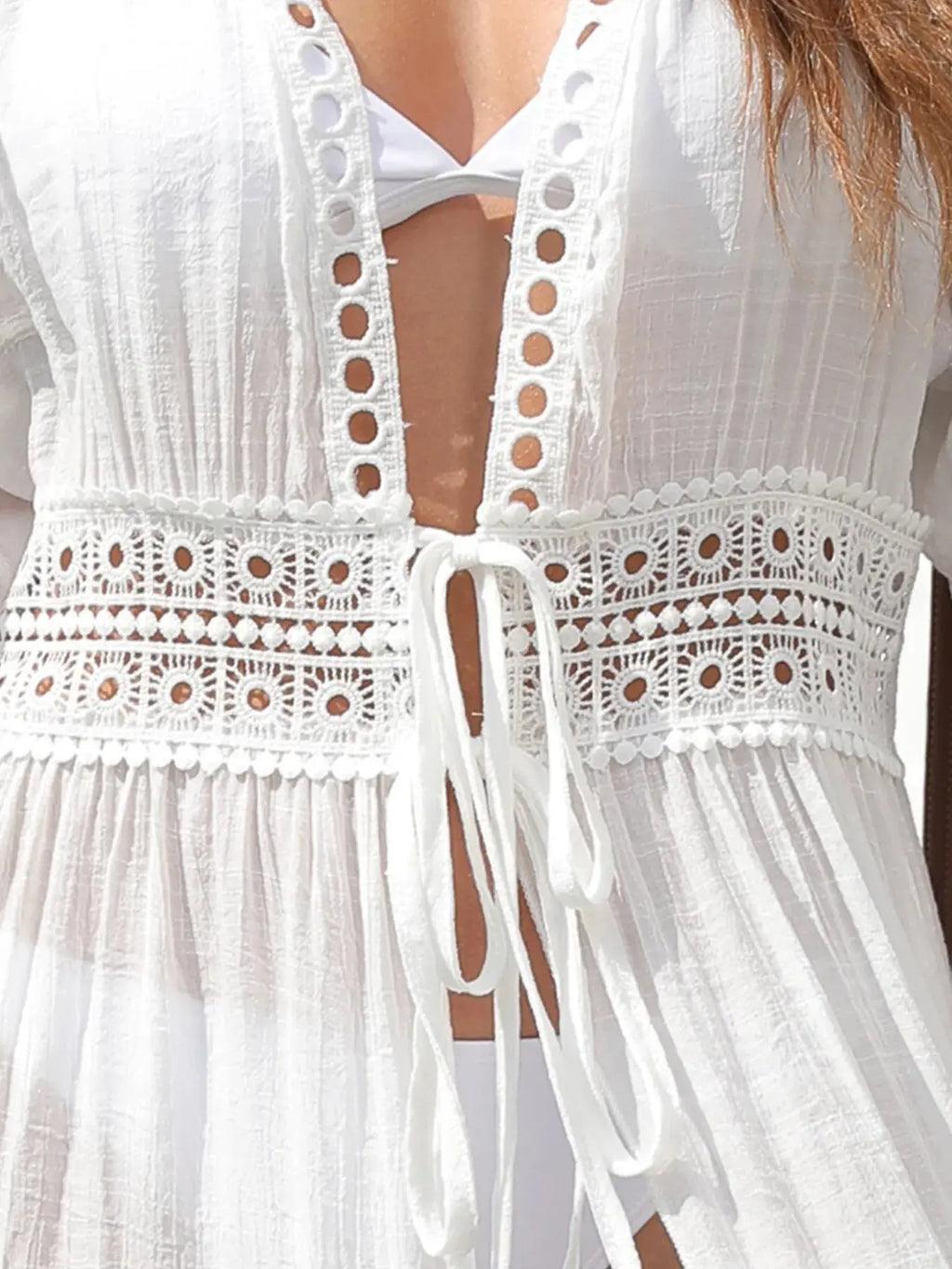 Lace Trim Plunging Beach Cover Up Maxi Dress-Bikinicaye