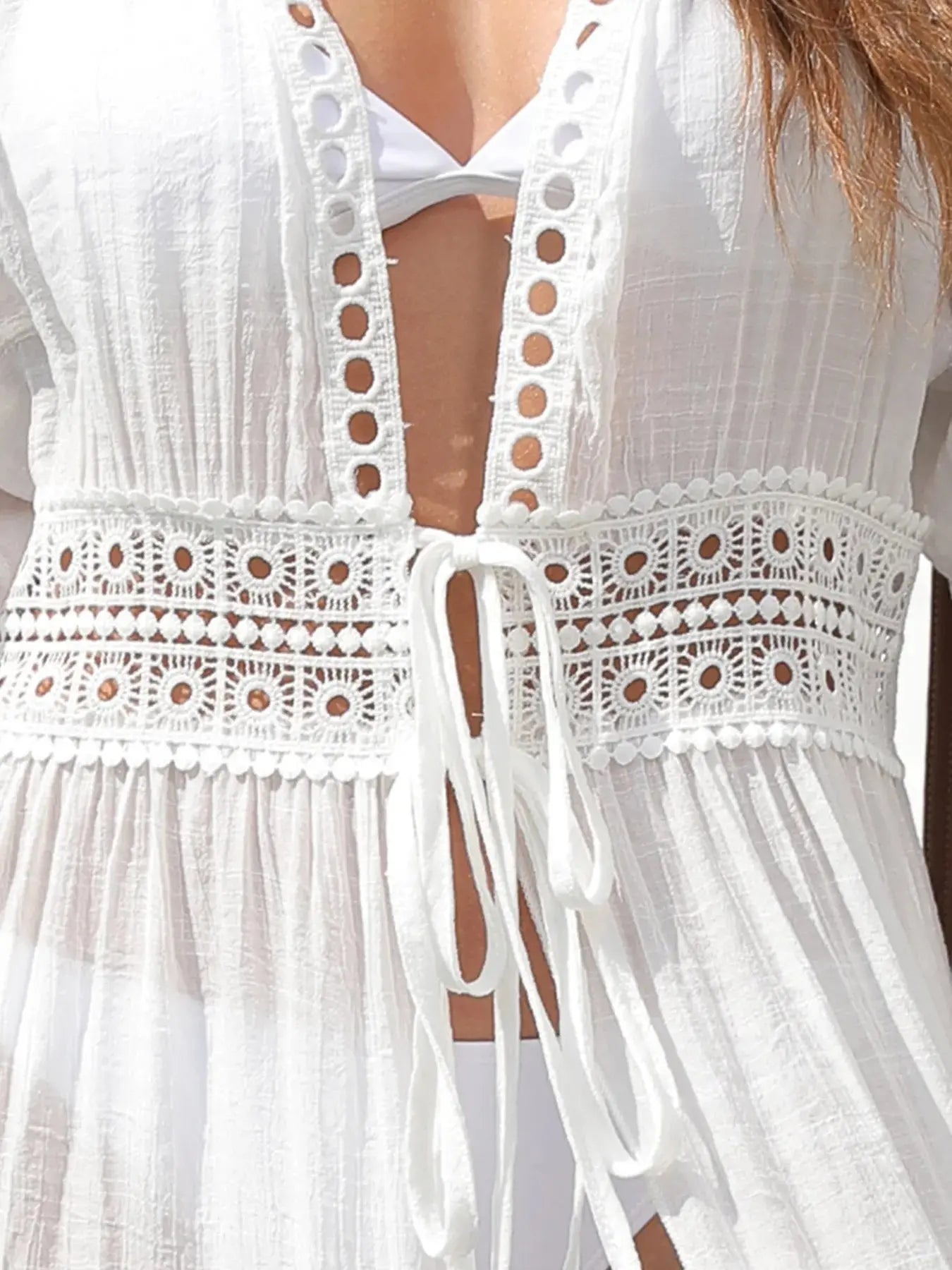 Lace Trim Plunging Beach Cover Up Maxi Dress-Bikinicaye