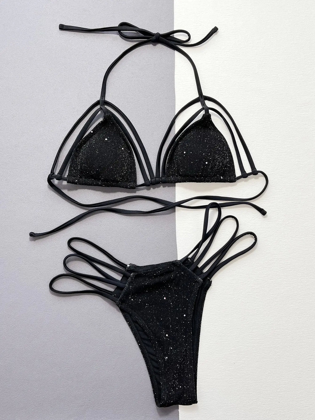 Glitter Halter Neck Strappy Two-Piece Bikini Set-Bikinicaye