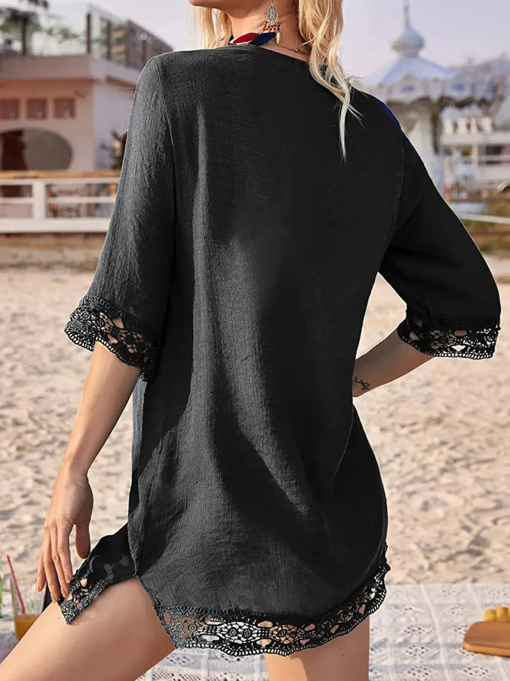 Lace Trim V-Neck Cover-Up-Bikinicaye