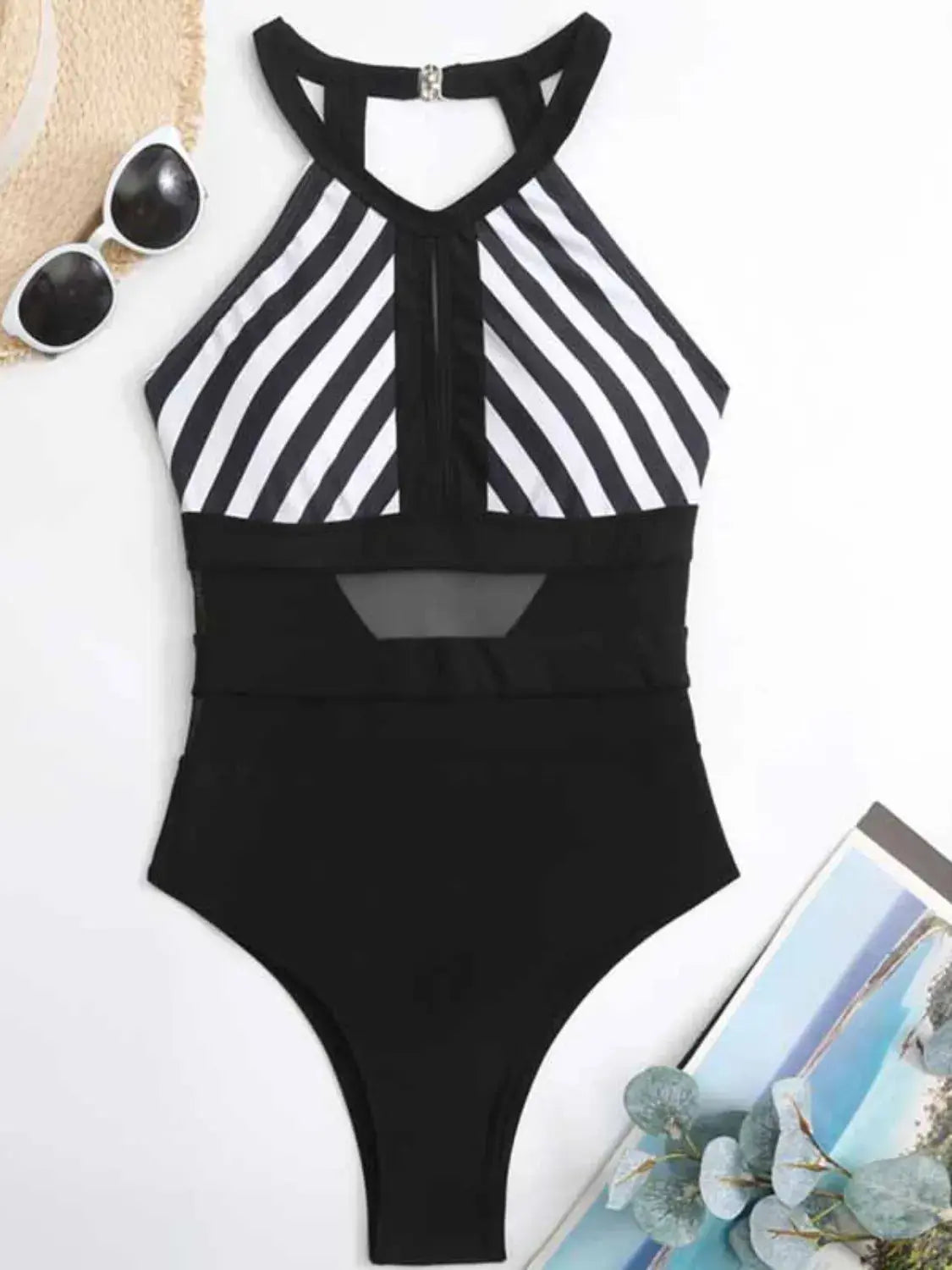 Mesh Detail Backless Striped One-Piece Swimsuit-Bikinicaye