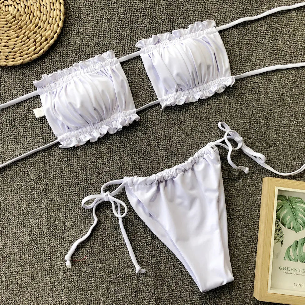 Frill Trim Ruched Bikini Set-Bikinicaye
