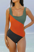 Color Block Padded Square Neck One Piece Swimsuit-Bikinicaye