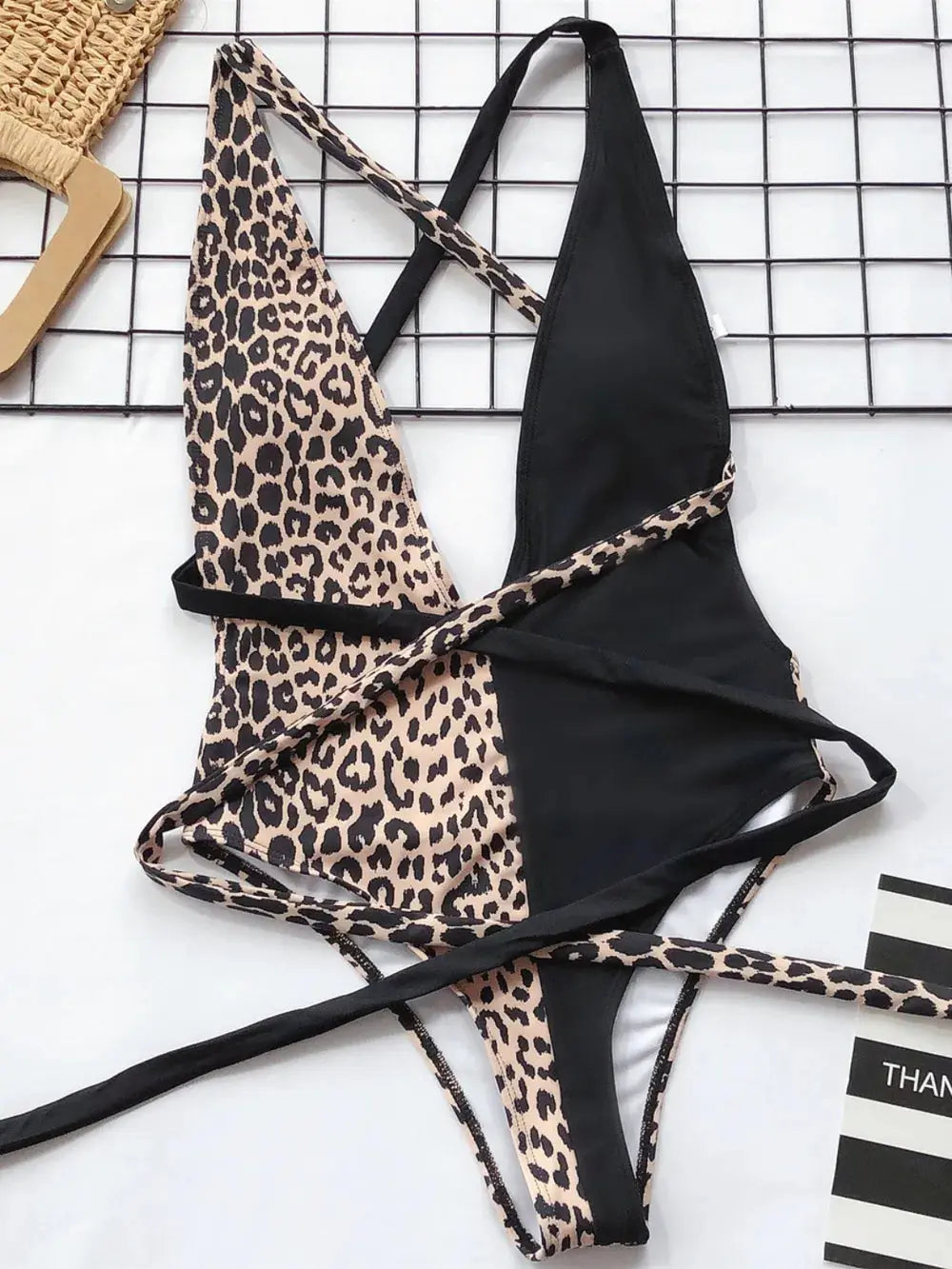 Tied Leopard Plunge One-Piece Swimwear-Bikinicaye