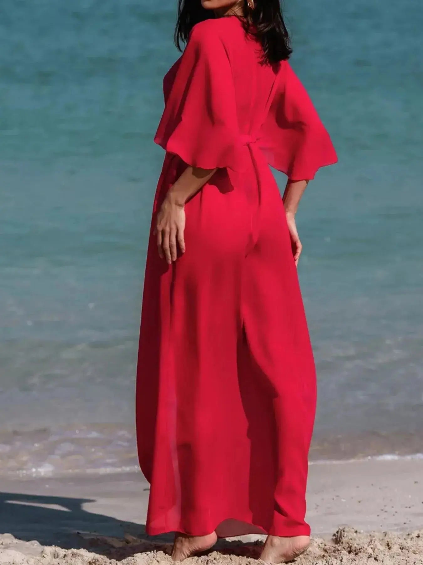 Solid Color Flutter Sleeve Cover-Up-Bikinicaye