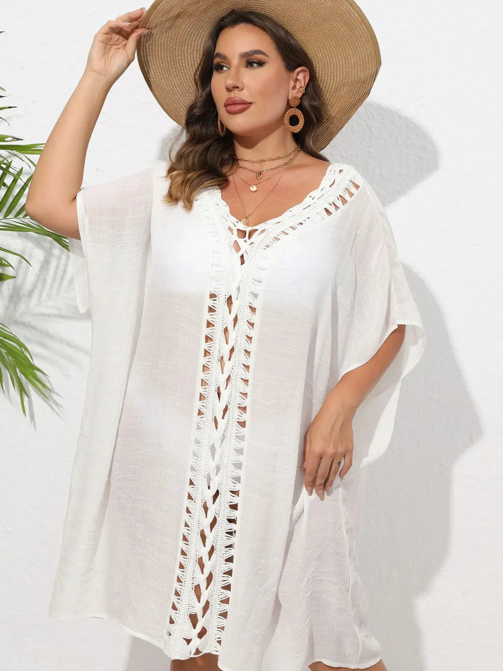 Crochet Trim V-Neck Beach Cover Up Dress-Bikinicaye