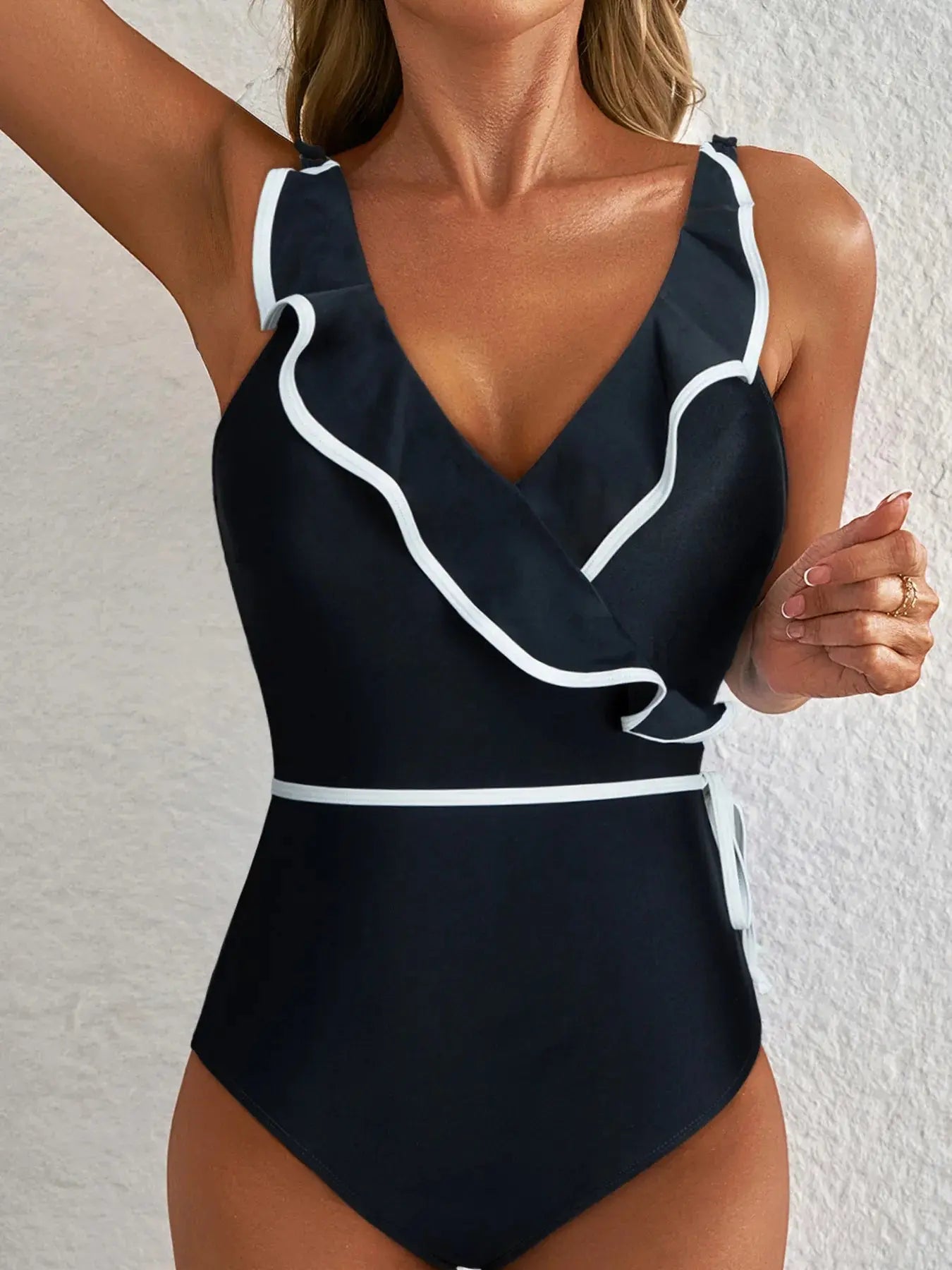 Ruffle Trim V-Neck One-Piece Swimsuit-Bikinicaye