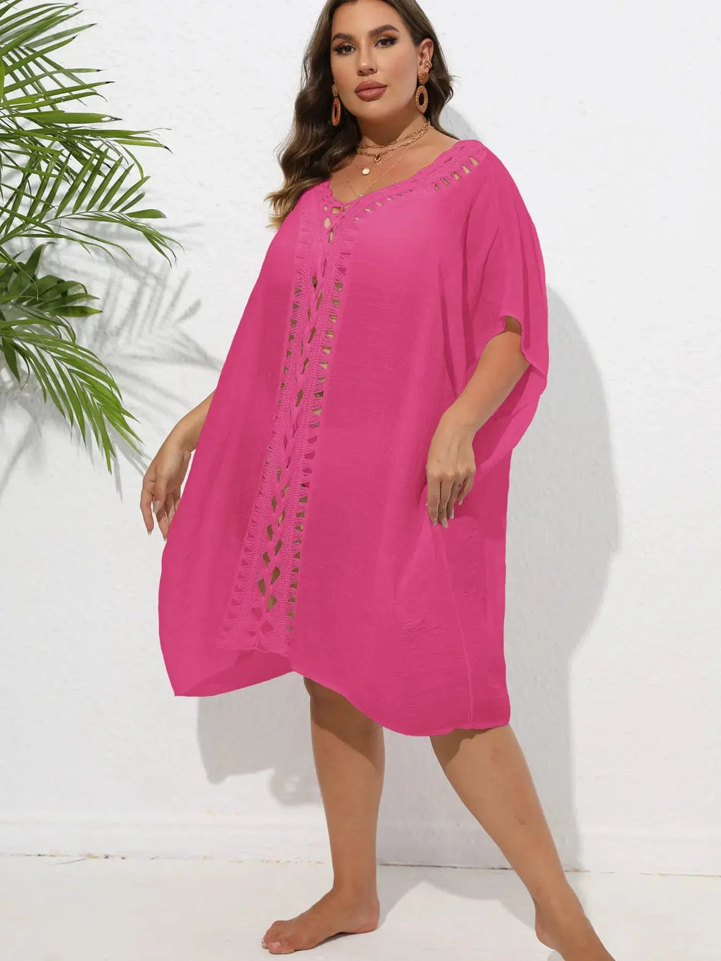 Crochet Trim V-Neck Beach Cover Up Dress-Bikinicaye
