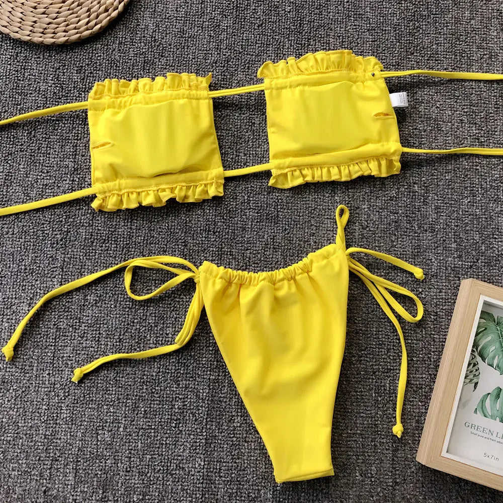 Frill Trim Ruched Bikini Set-Bikinicaye