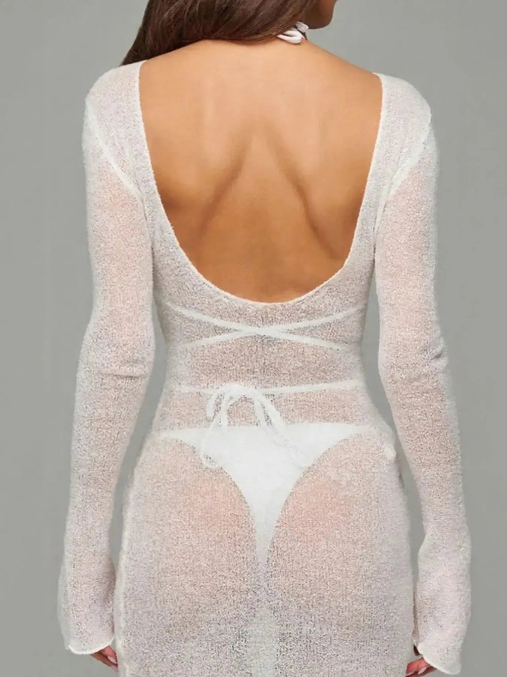 Sheer Backless Long Sleeve Mini Cover-Up Dress-Bikinicaye