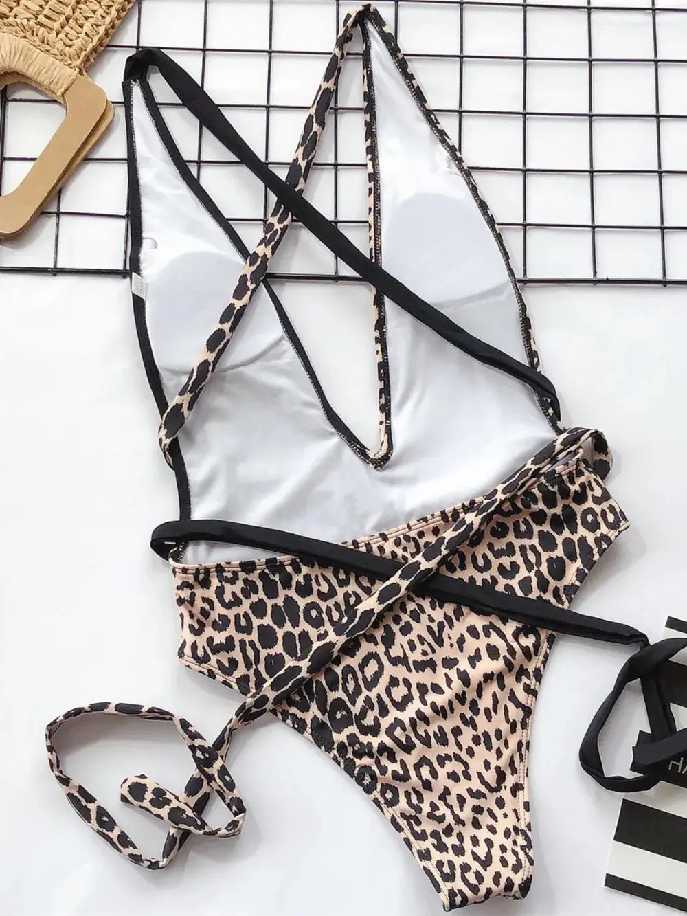 Tied Leopard Plunge One-Piece Swimwear-Bikinicaye