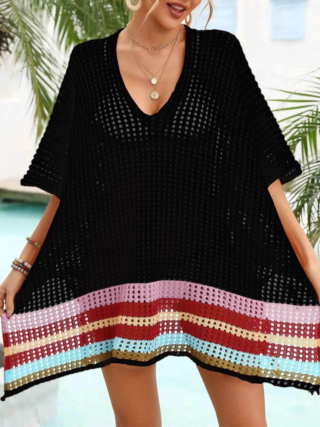 Crochet V-Neck Cover-Up Dress-Bikinicaye