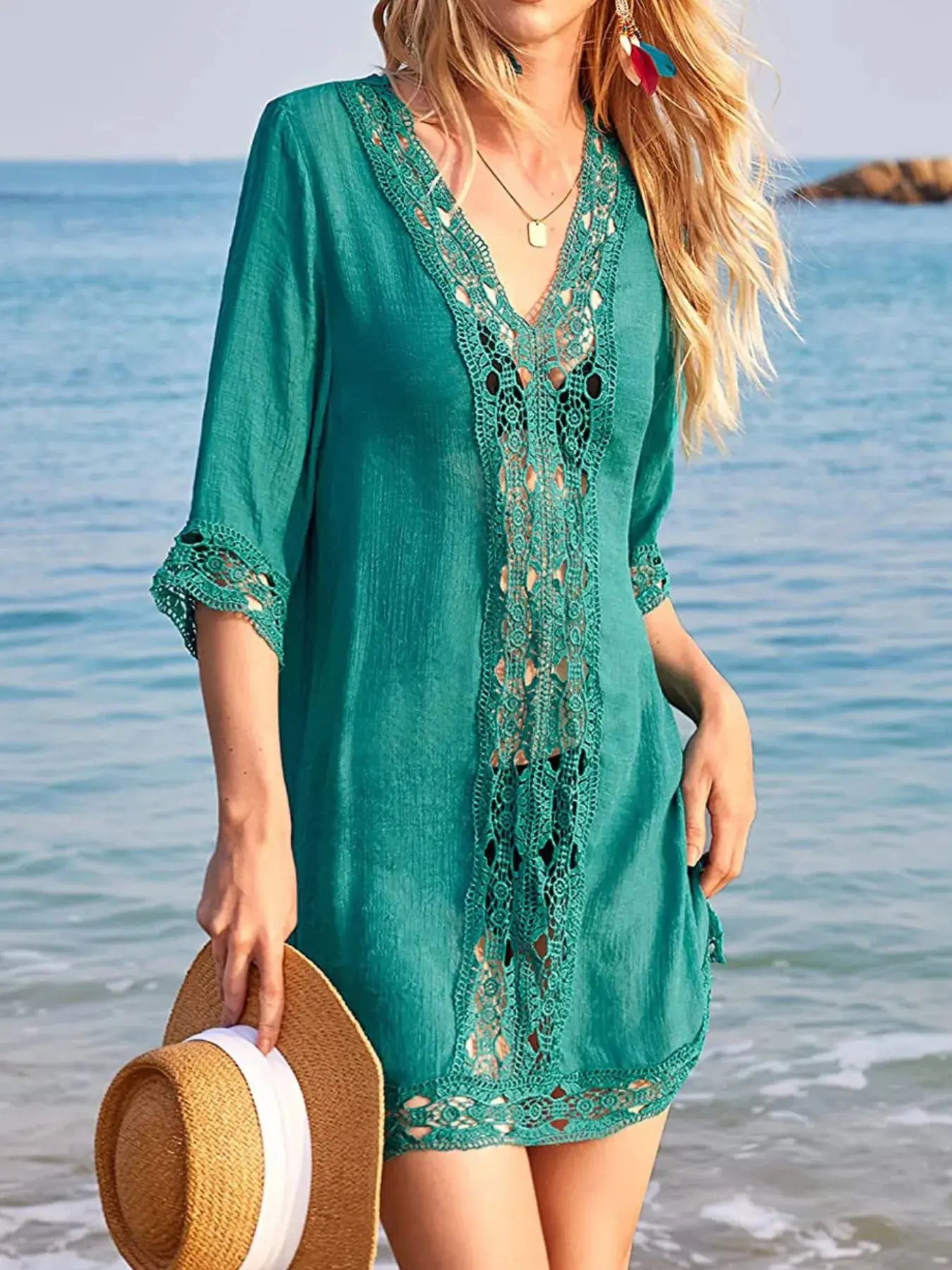 Lace Trim V-Neck Cover-Up-Bikinicaye