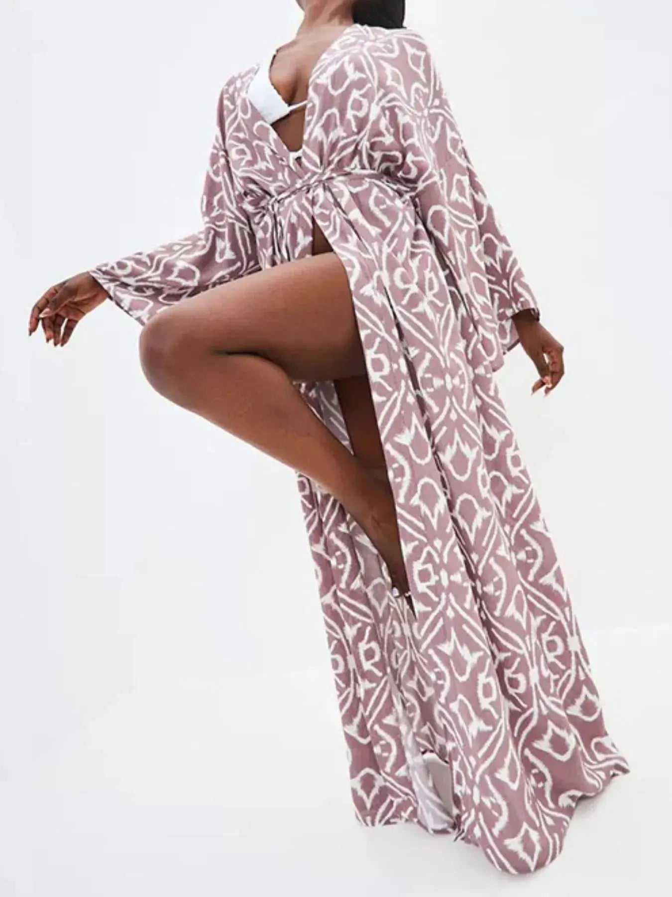 Geometric Print Surplice Beach Cover Up Dress-Bikinicaye
