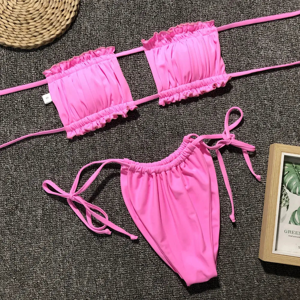 Frill Trim Ruched Bikini Set-Bikinicaye