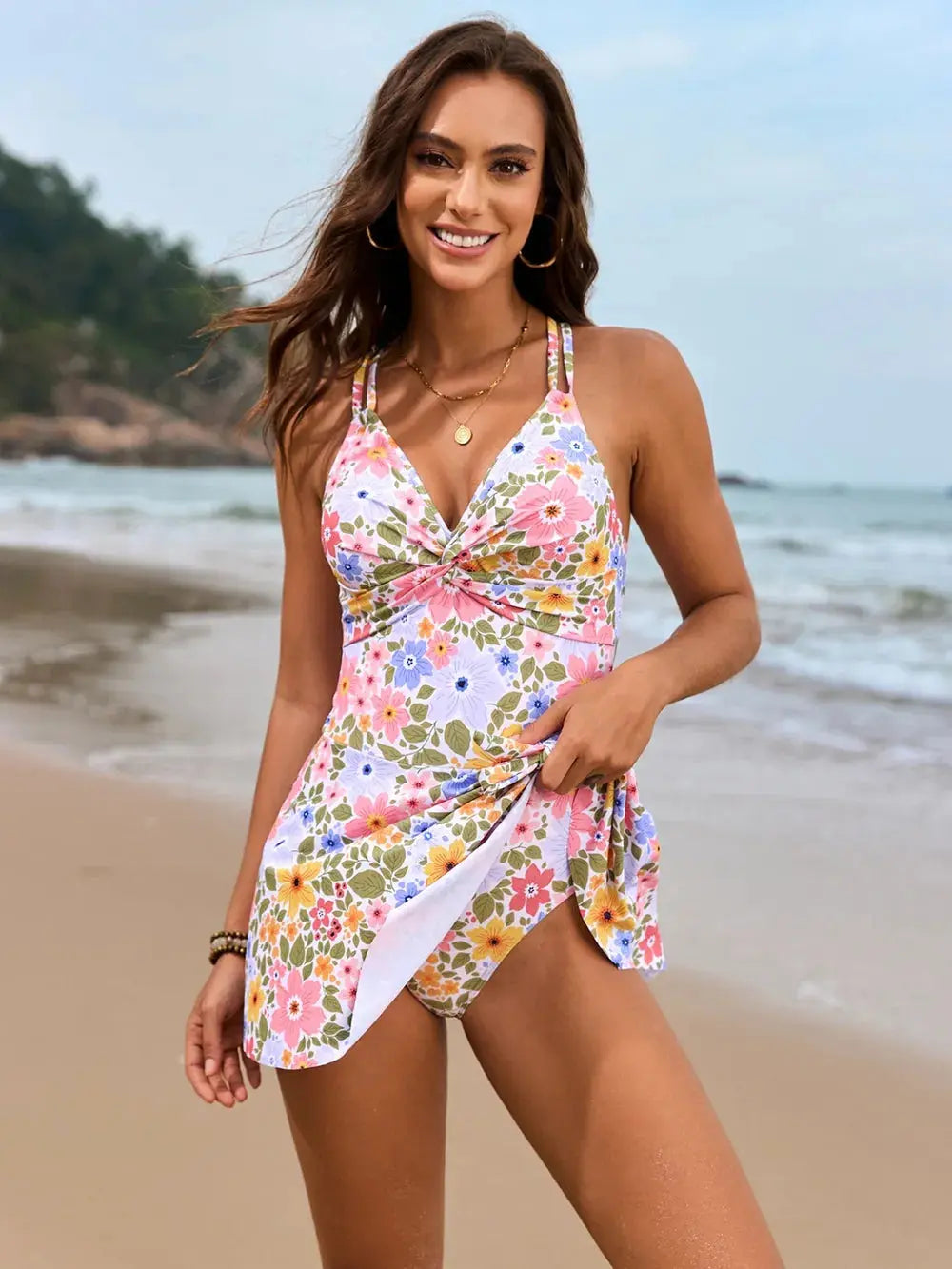 Twisted Front Crisscross Double Spaghetti Strap One-Piece Swimwear-Bikinicaye