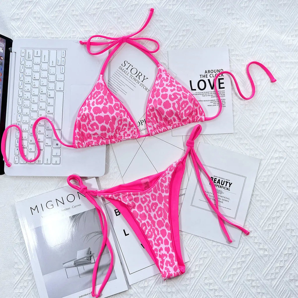 Leopard Print Halter Neck Tie Side Bikini Set-Bikinicaye