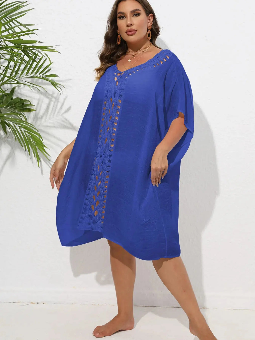 Crochet Trim V-Neck Beach Cover Up Dress-Bikinicaye