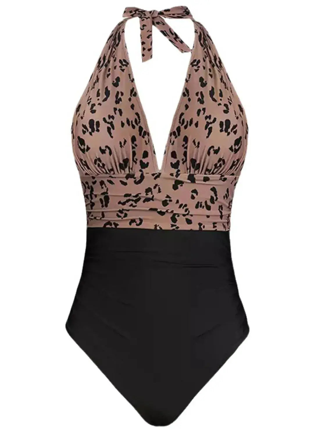 Full Size Leopard Halter Neck One-Piece Swimwear Plus Size-Bikinicaye