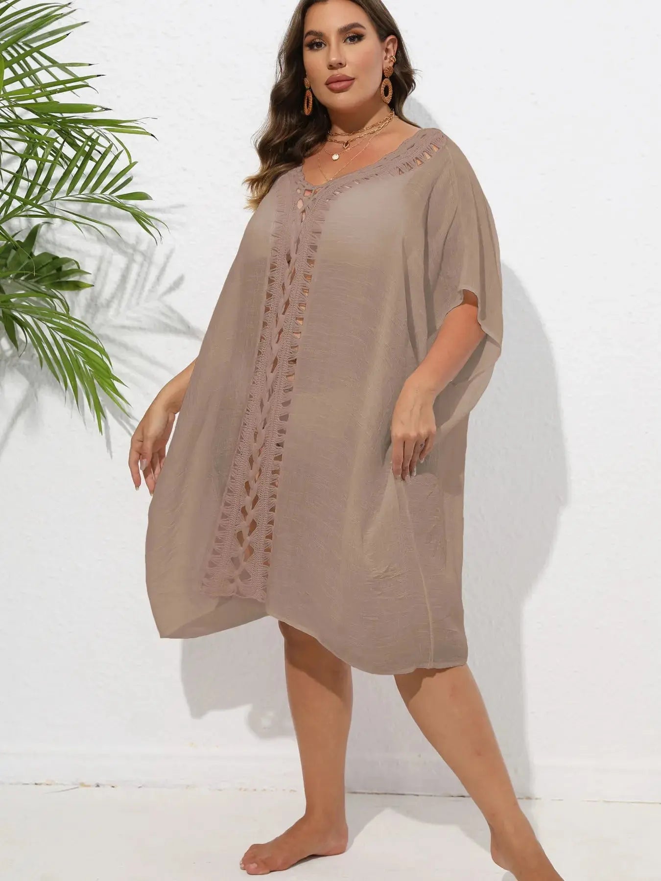 Crochet Trim V-Neck Beach Cover Up Dress-Bikinicaye