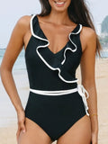 Ruffle Trim V-Neck One-Piece Swimsuit-Bikinicaye