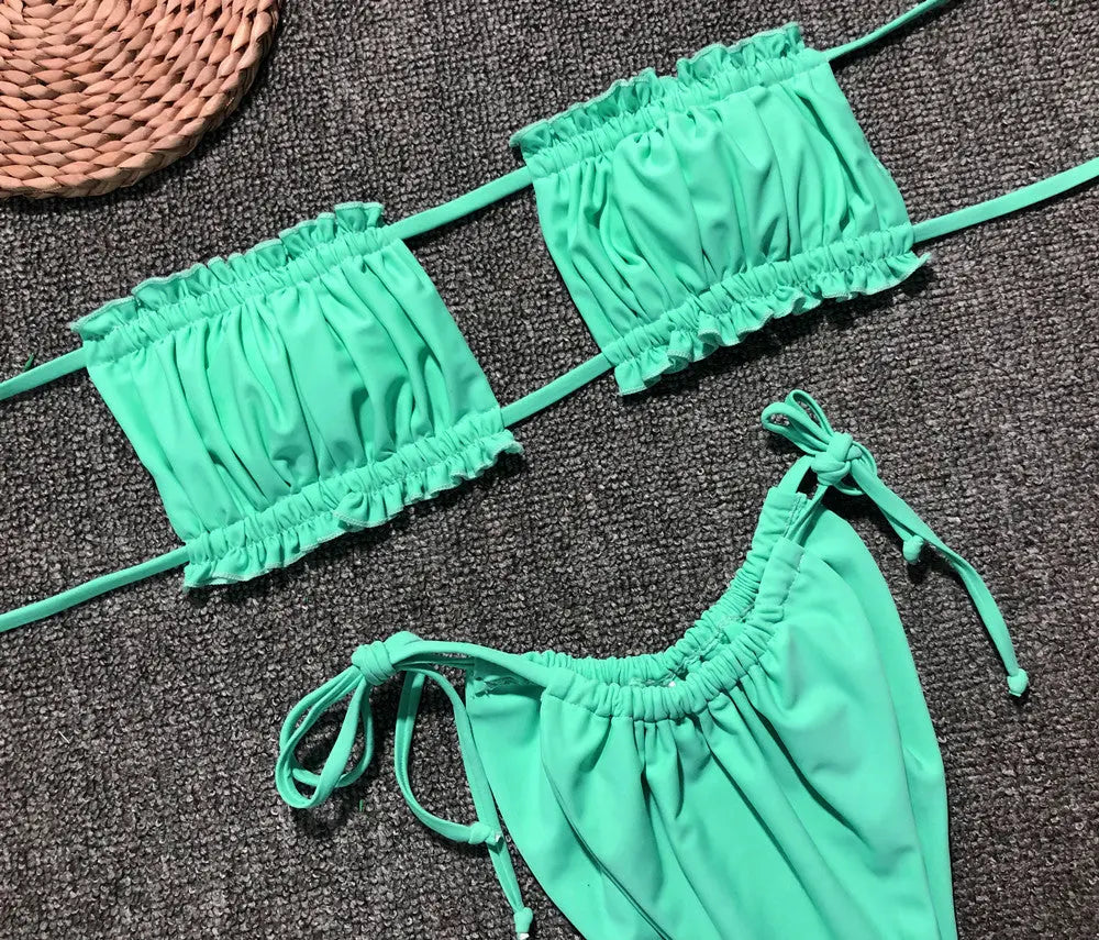 Frill Trim Ruched Bikini Set-Bikinicaye