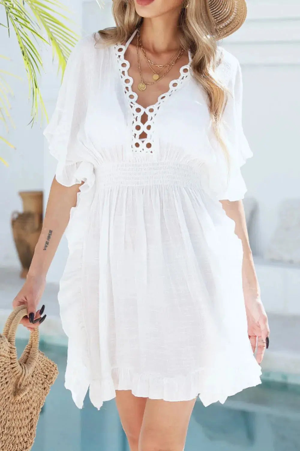Ruffled Smocked Waist V-Neck Cover-Up-Bikinicaye