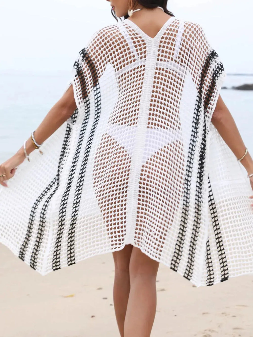 Open Front Contrast Openwork Cover-Up-Bikinicaye