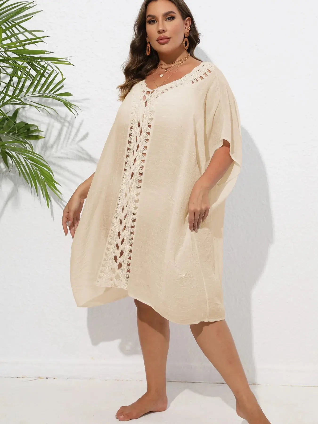 Crochet Trim V-Neck Beach Cover Up Dress-Bikinicaye